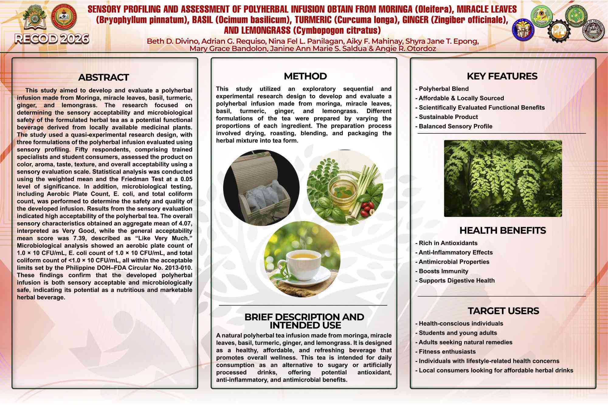 Sensory Profiling and Assessment of Polyherbal Infusion obtain from Moringa oleifera, Miracle leaves (Bryophyllum pinnatum), Basil (Ocimum basilicum), Turmeric (Curcuma longa), Ginger (Zingiber officinale), and Lemongrass (Cymbopogon citratus)